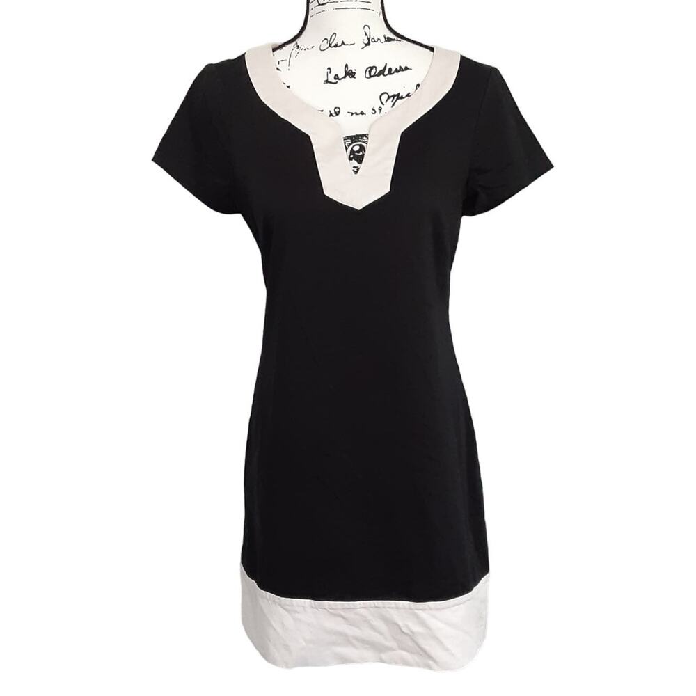 Max and Cleo Black Sheath Dress White Trim V Neck Short Sleeve Womens 10 Minimal